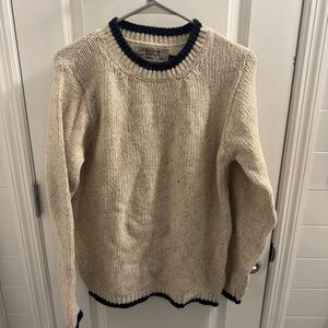 Authentic Irish Wool Cashmere Aran Sweater Market tan and navy crew neck
